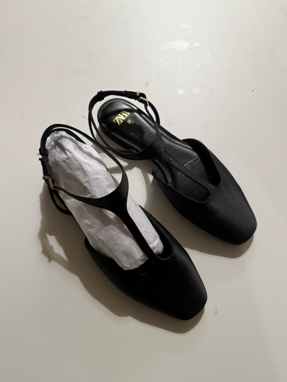 ZARA Black T-Strap Square-Toe Slingback Flats